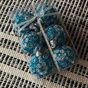 Set of 6 Christmas ornaments aqua blue and silver NWT